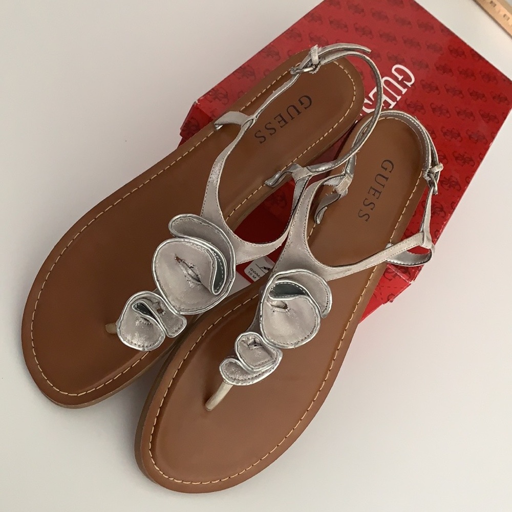 Guess Metallic Silver Floral T-Strap Sandals